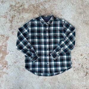 WOOLRICH Plaid Flannel Button Up Shirt Mens Sz XL Turquoise Herringbone Cabin